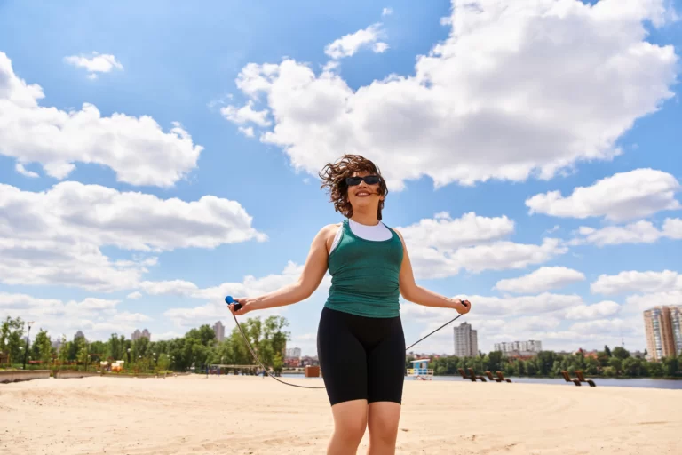 energetic woman enjoys outdoor exercise while skip utc ()