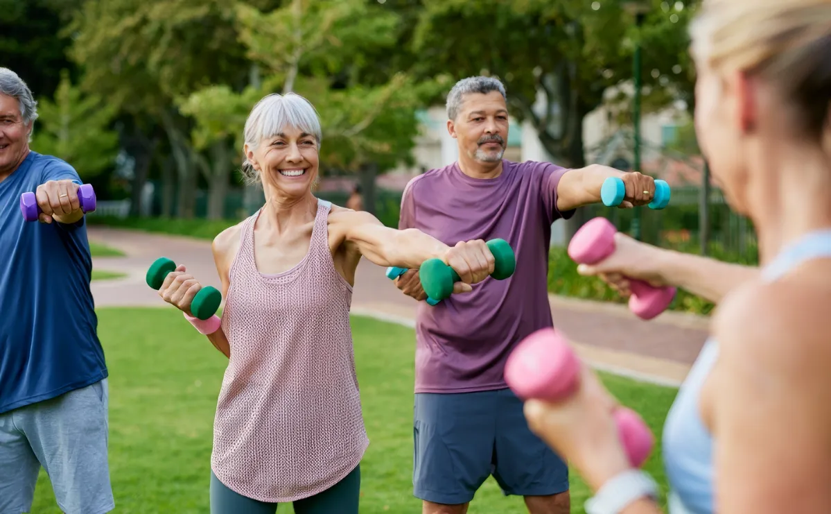 senior people lifting dumbbells at city park utc